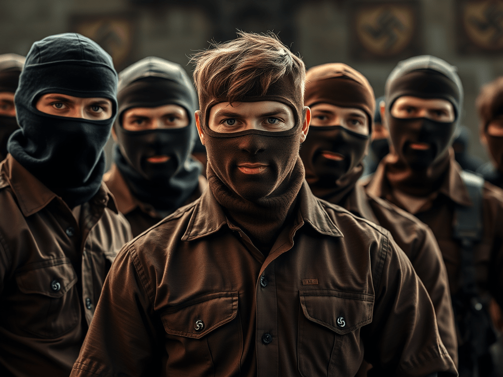 Young men in brown uniforms and balaclavas.